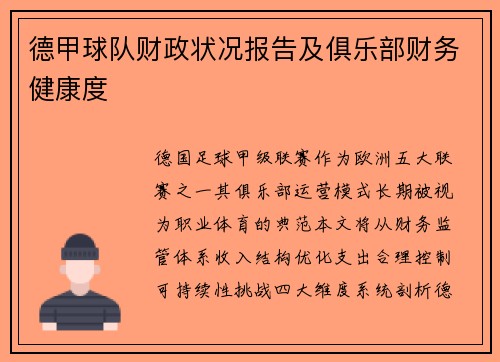 德甲球队财政状况报告及俱乐部财务健康度