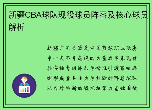 新疆CBA球队现役球员阵容及核心球员解析