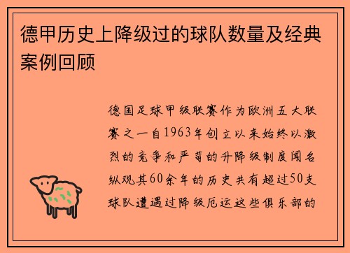 德甲历史上降级过的球队数量及经典案例回顾